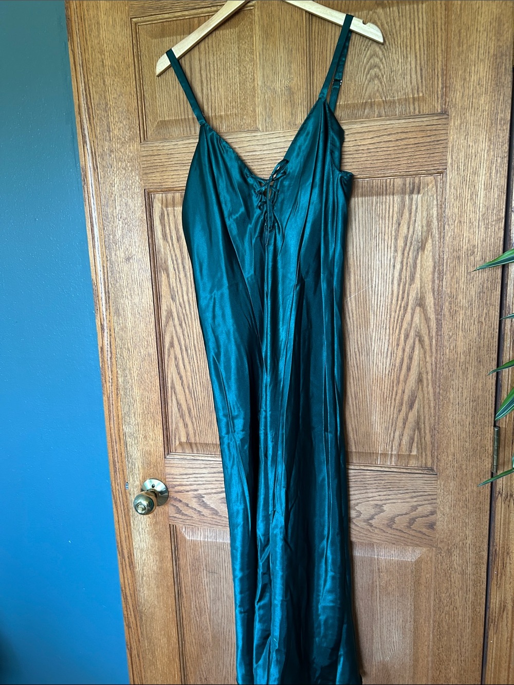 Frederick's of Hollywood Emerald Green Satin Lace-Up Slip Dress